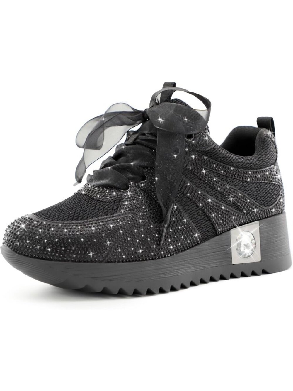 Women's Black With Mesh Glitter Sparkly Rhinestone High Top Trendy Sneakers
